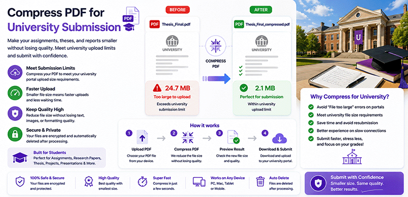 Compress PDF for university submission – reduce assignment size for LMS with DonePDF