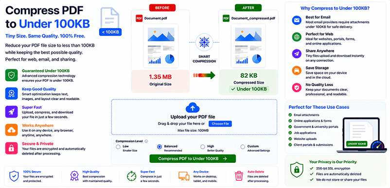 Compress PDF to under 100KB – free online tool with DonePDF