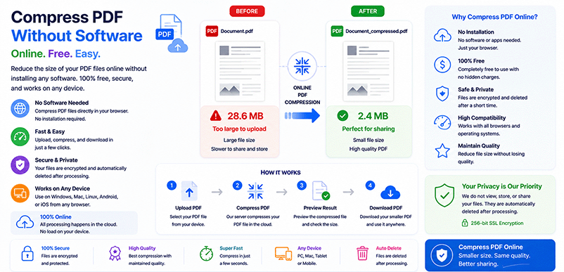 Compress PDF without software – free online tool with DonePDF