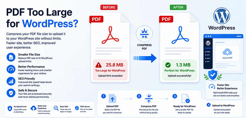 PDF too large for WordPress – compress PDF online free with DonePDF